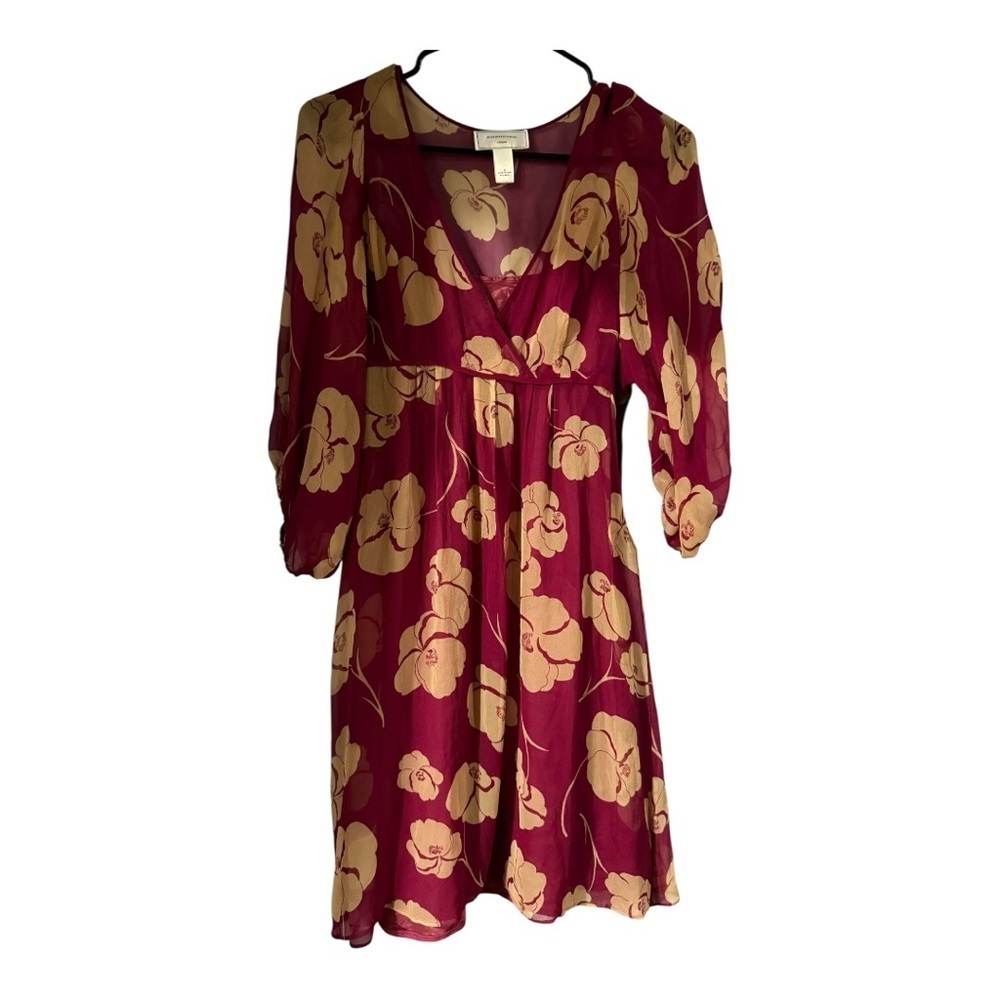 Moulinette Soeurs Red and brown Midi Dress with V-Neck and Bishop Sleeves